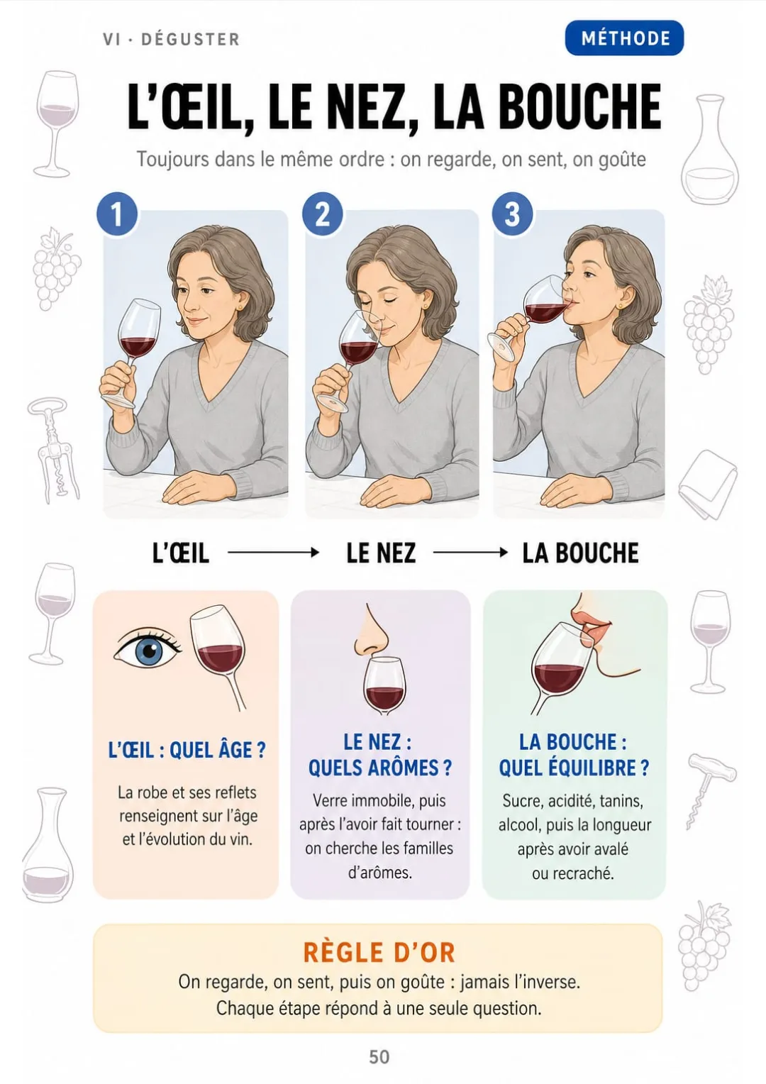 Œil = quel âge · Nez = quels arômes · Bouche = quel équilibre
