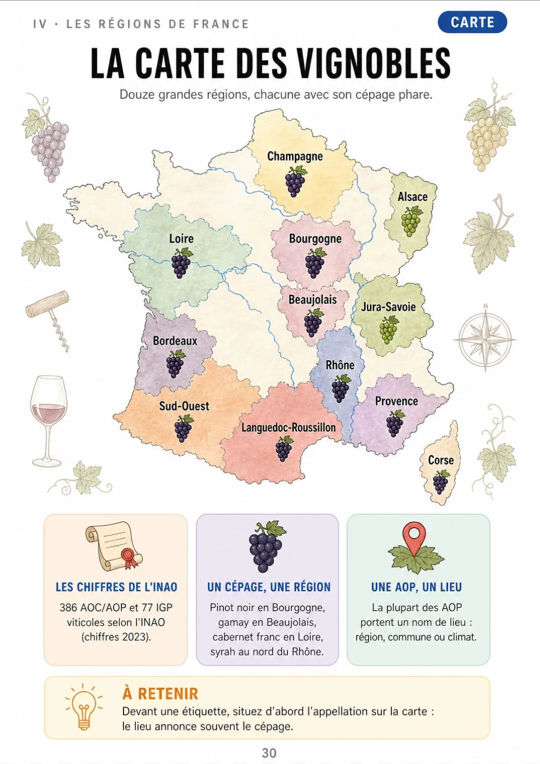 Douze régions, 386 AOC/AOP et 77 IGP viticoles selon l'INAO (2023).