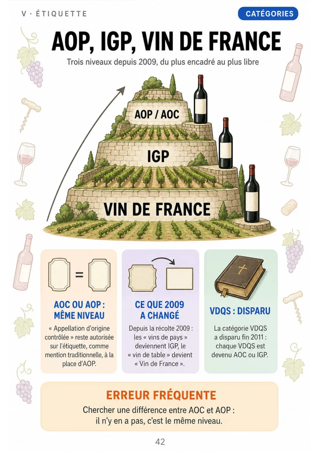 AOP (ou AOC), IGP, Vin de France : les trois niveaux depuis la réforme de 2009.