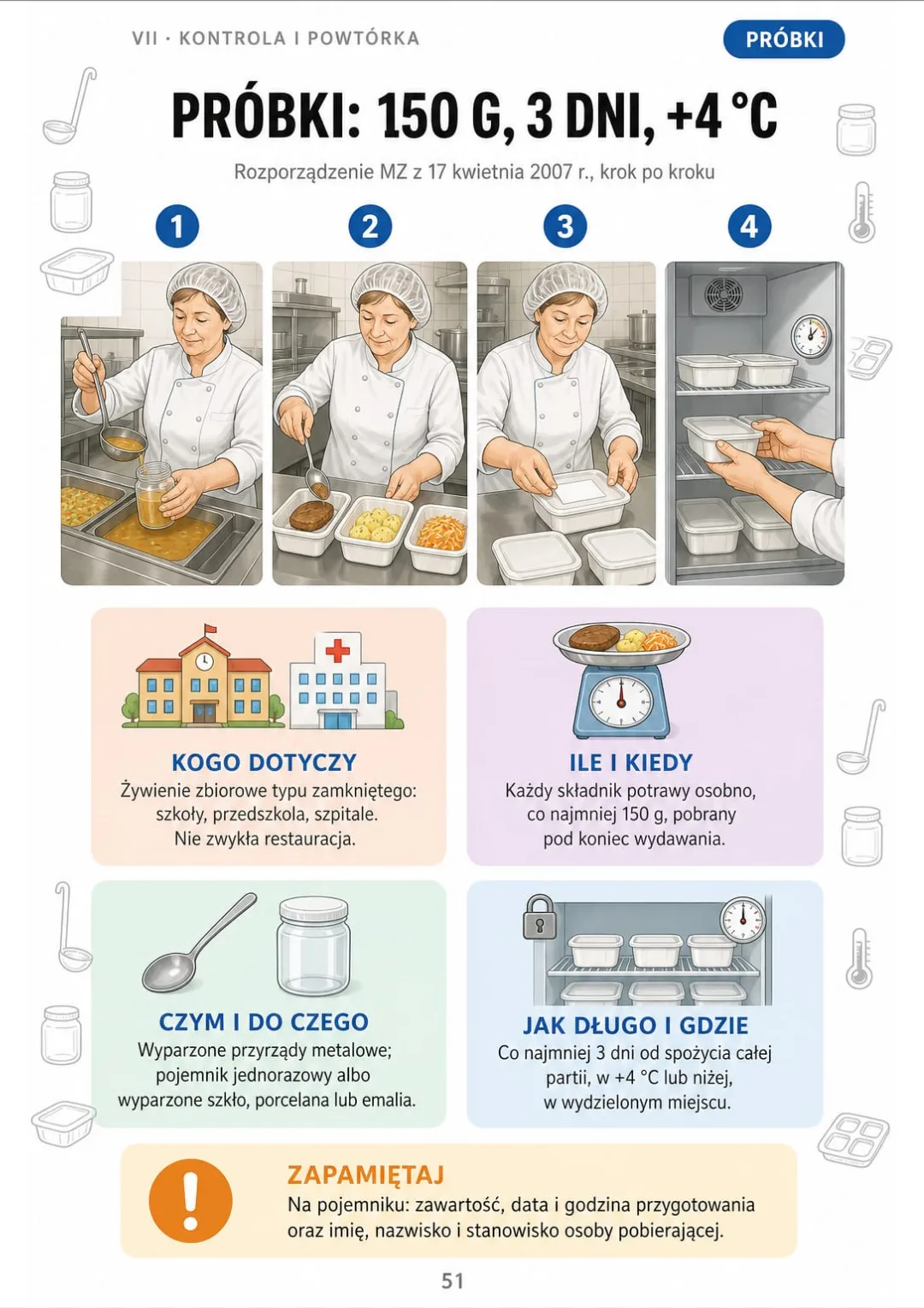 Próbka każdego składnika: co najmniej 150 g, co najmniej 3 dni, w +4 °C lub niżej.