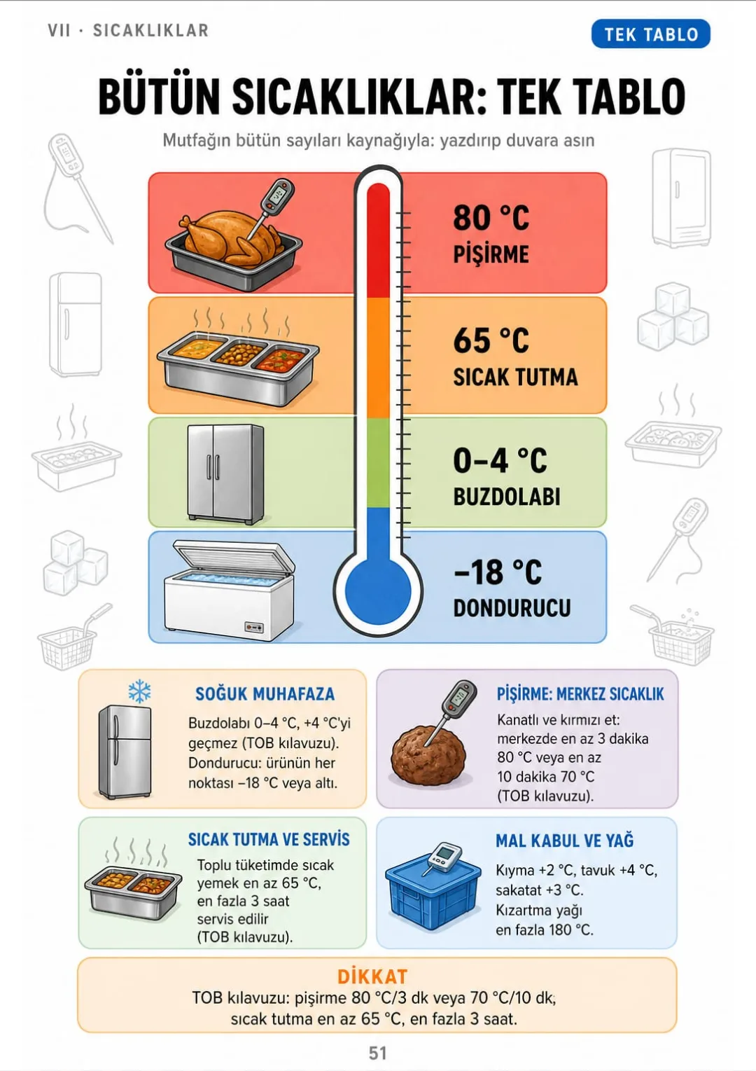 Buzdolabı 0–4 °C · dondurucu −18 °C · pişirme 80 °C/3 dk · sıcak tutma 65 °C, en fazla 3 saat