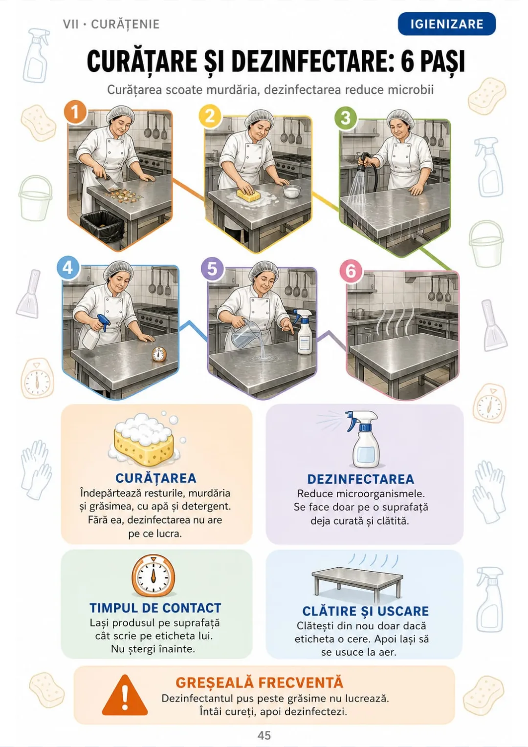 Cei 6 pași în ordine: resturi, detergent, clătire, dezinfectant cu timp de contact, clătire, uscare la aer