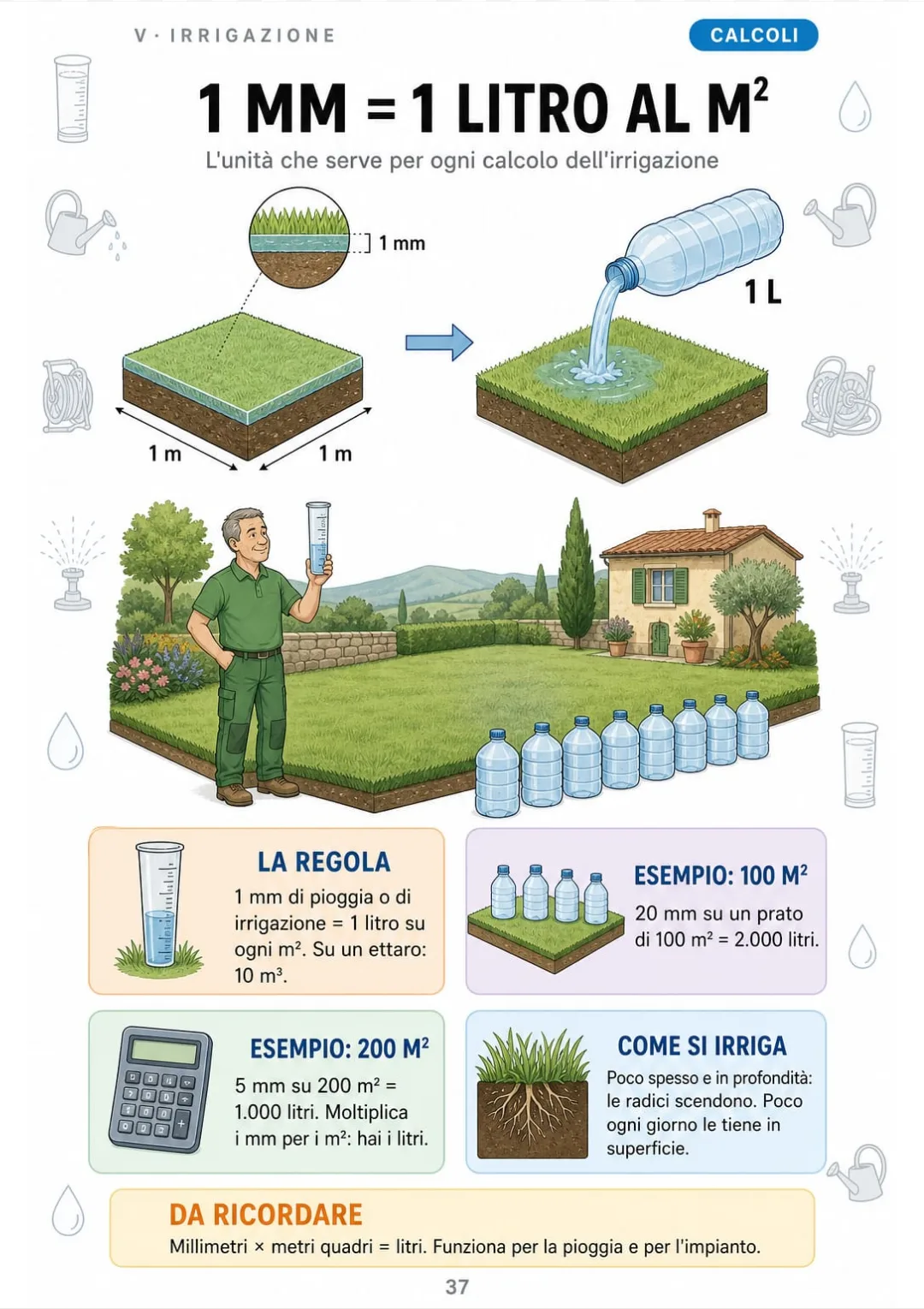 1 mm = 1 litro al m²: 20 mm su 100 m² sono 2.000 litri.