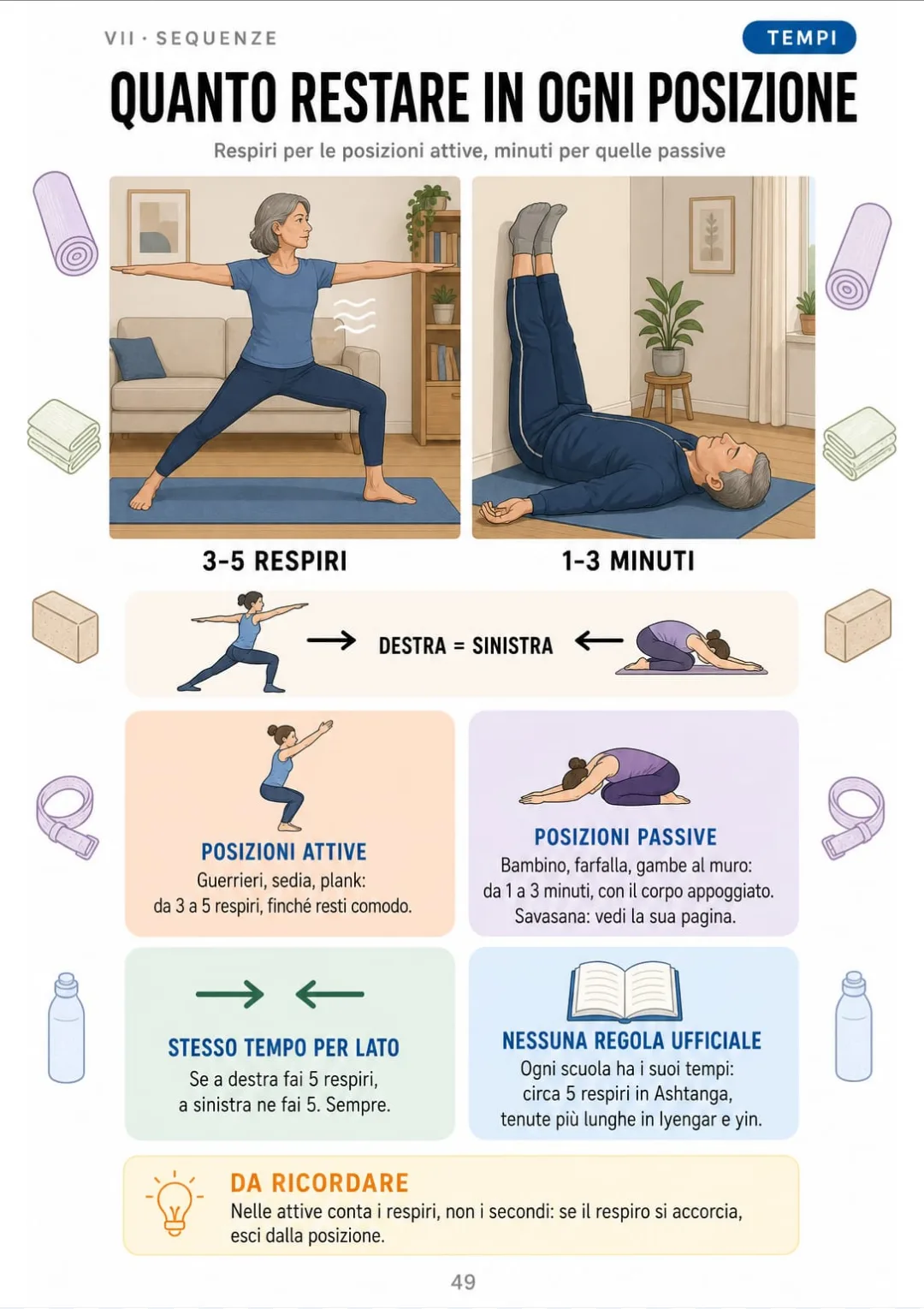 Attive 3-5 respiri, passive 1-3 minuti, stesso tempo a destra e a sinistra