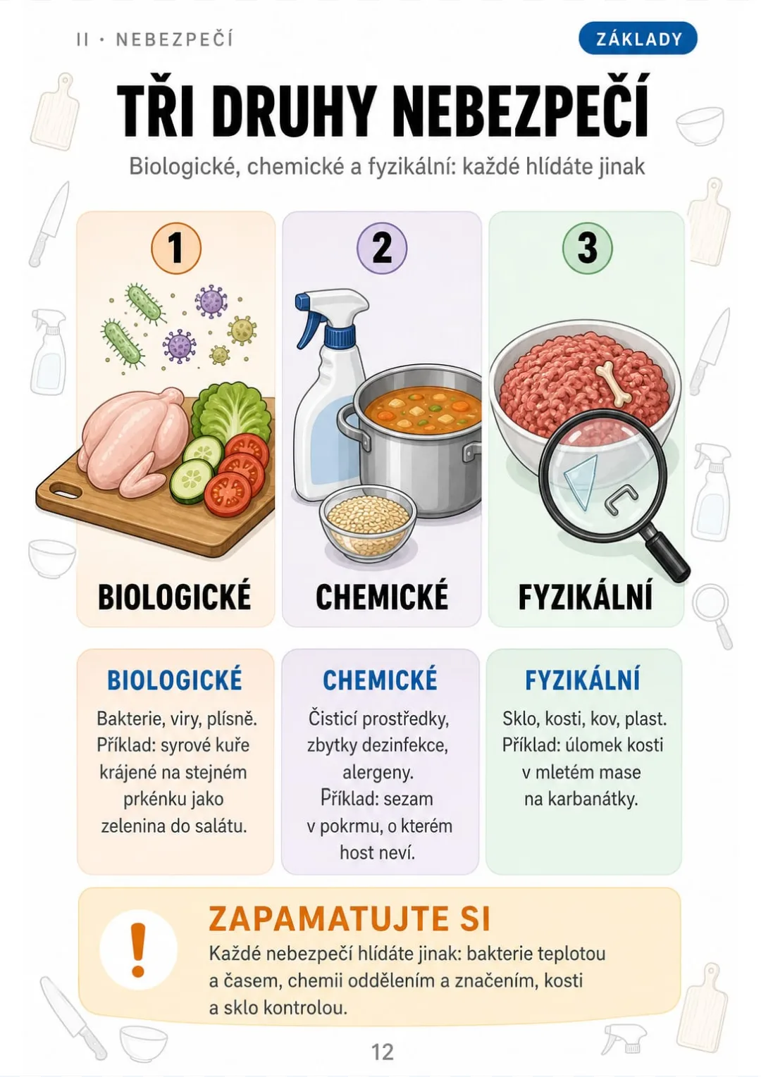 Biologické, chemické, fyzikální: tři skupiny nebezpečí a ke každé příklad z české kuchyně.