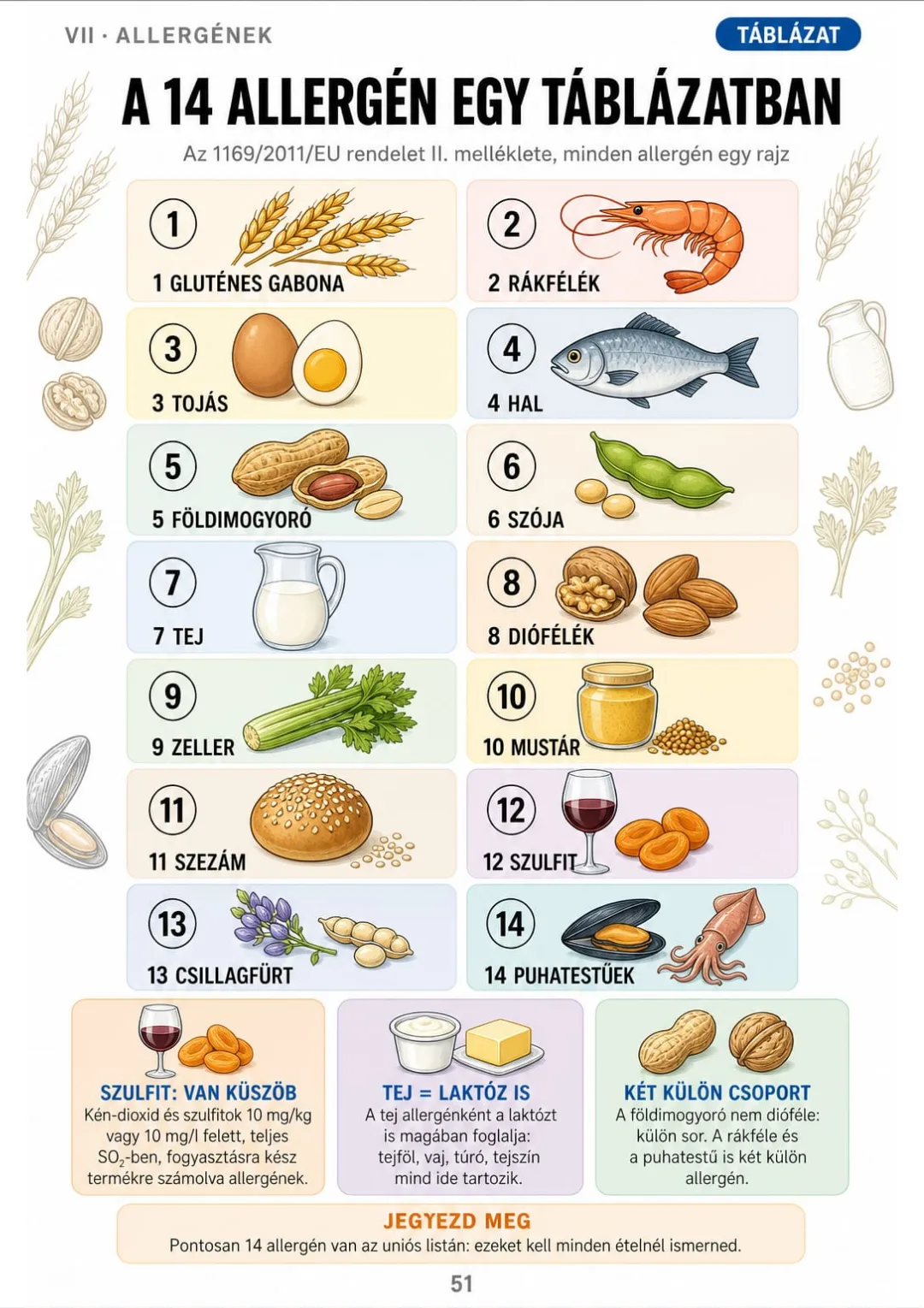 14 allergén az 1169/2011/EU II. melléklete szerint, szulfit 10 mg/kg vagy 10 mg/l felett