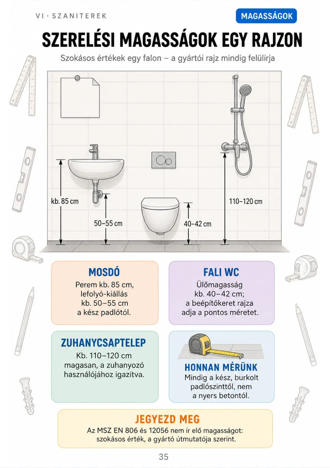 Mosdó kb. 85 cm, fali WC 40–42 cm, zuhanycsaptelep 110–120 cm – a gyártói rajz dönt