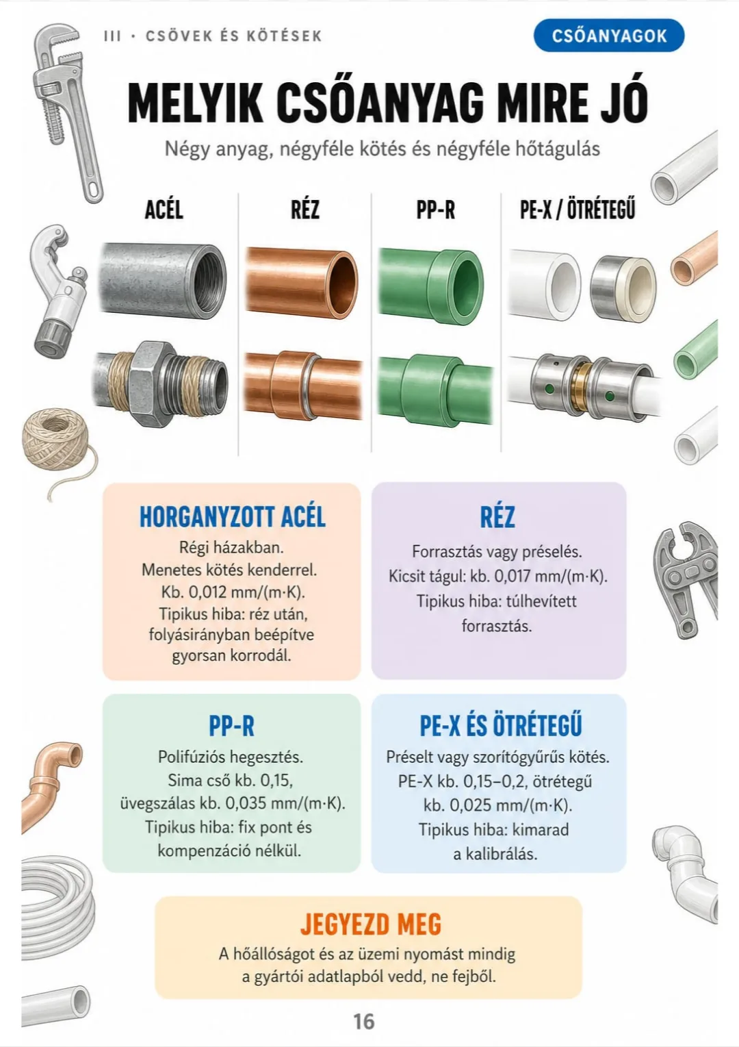Négy csőanyag egymás mellett: kötés, hőtágulás és a tipikus hiba