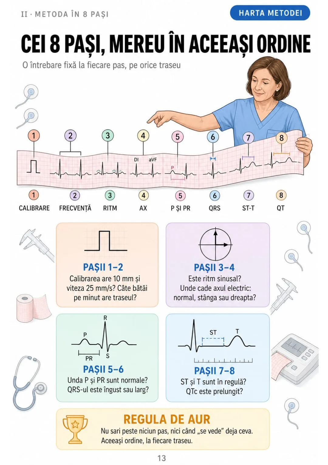 Calibrare → frecvență → ritm → ax → P și PR → QRS → ST-T → QT
