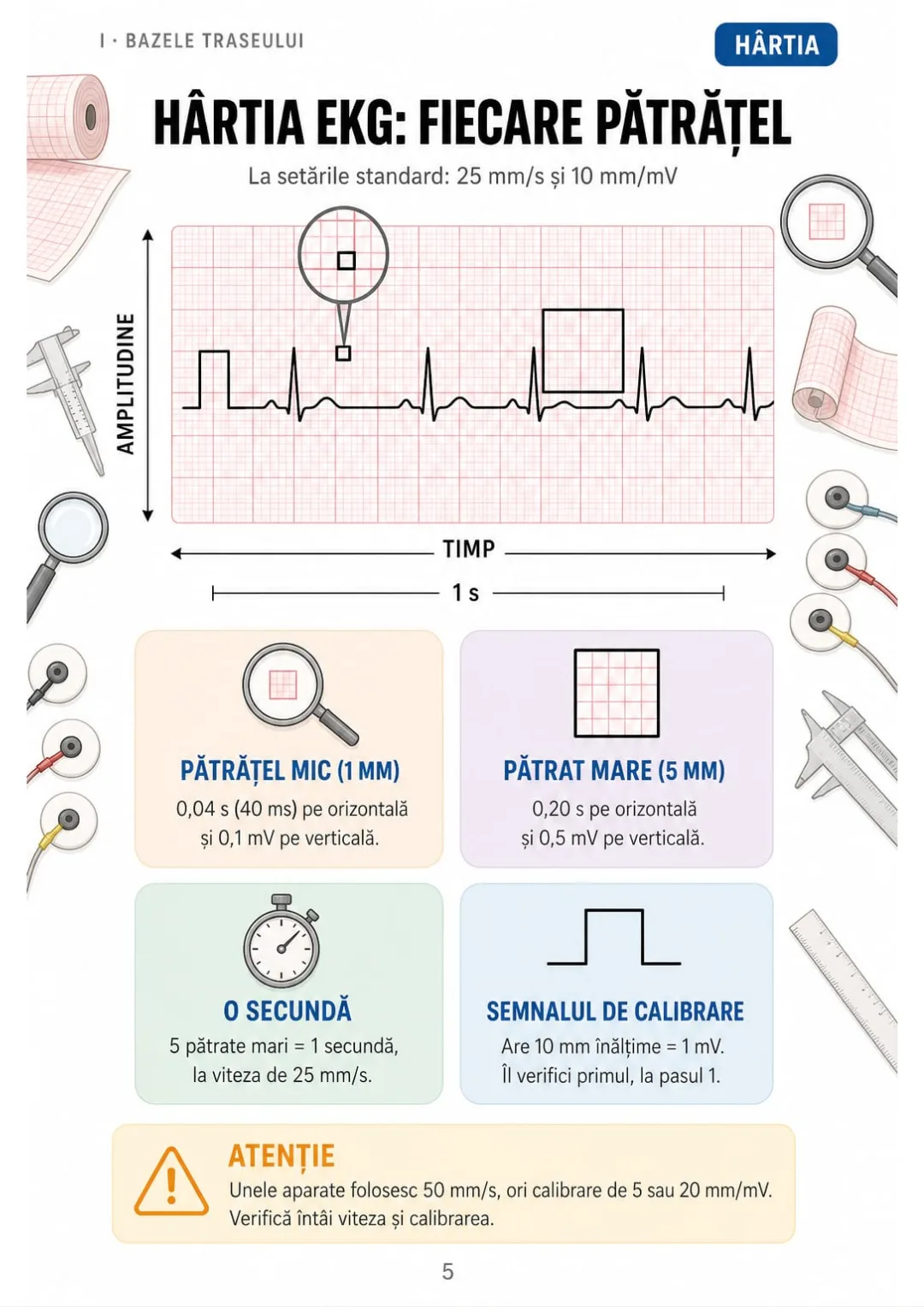 La 25 mm/s: 1 pătrățel = 0,04 s, 1 pătrat mare = 0,20 s, 5 pătrate mari = 1 s.