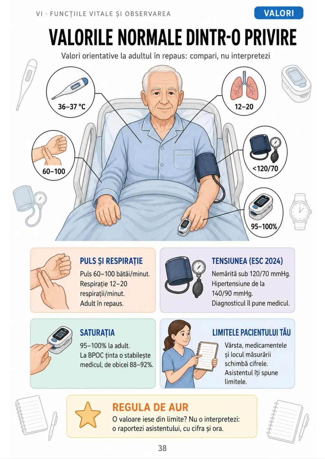 Puls 60–100, respirație 12–20, SpO2 95–100%: toate valorile pe un singur desen