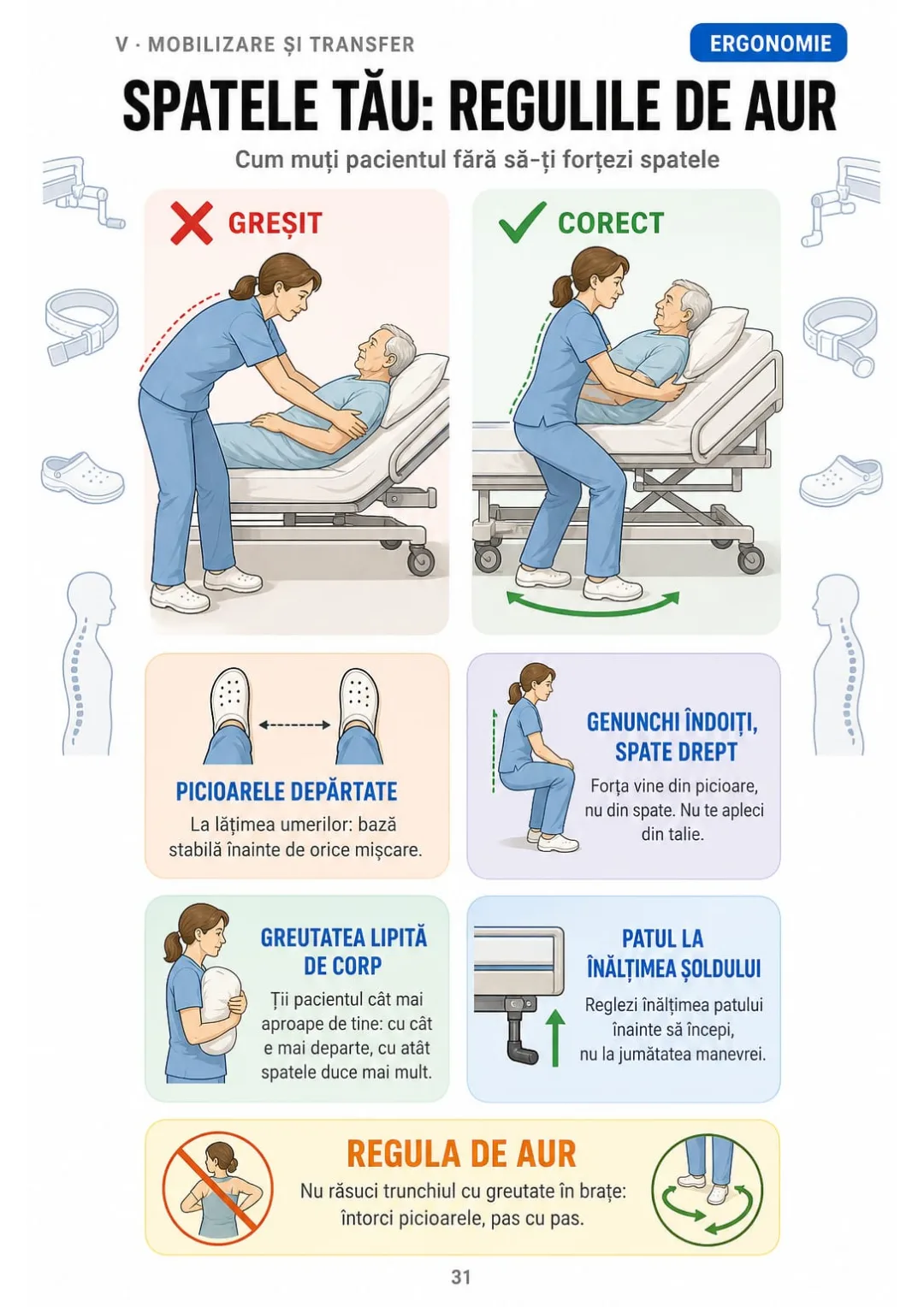 Picioare la lățimea umerilor, genunchi îndoiți, spate drept, patul la șold, fără răsucire.
