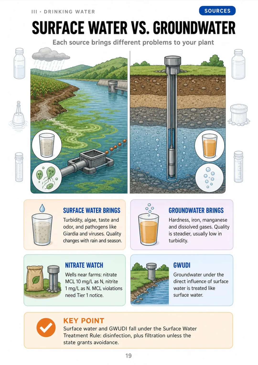 Surface water: turbidity and pathogens · Groundwater: hardness, iron, manganese · GWUDI = surface rules