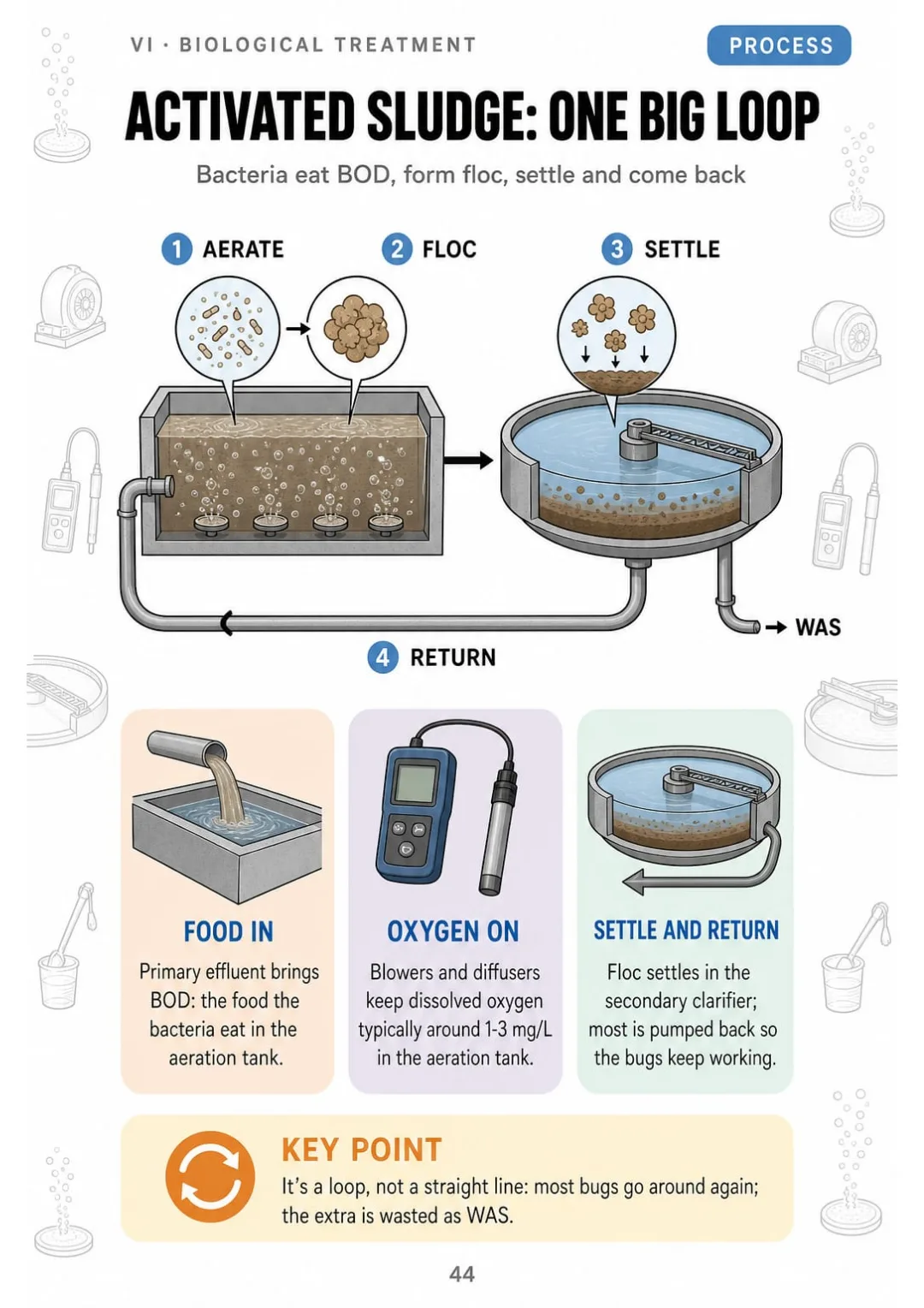 Aeration tank + clarifier + return sludge in one loop, DO typically 1-3 mg/L