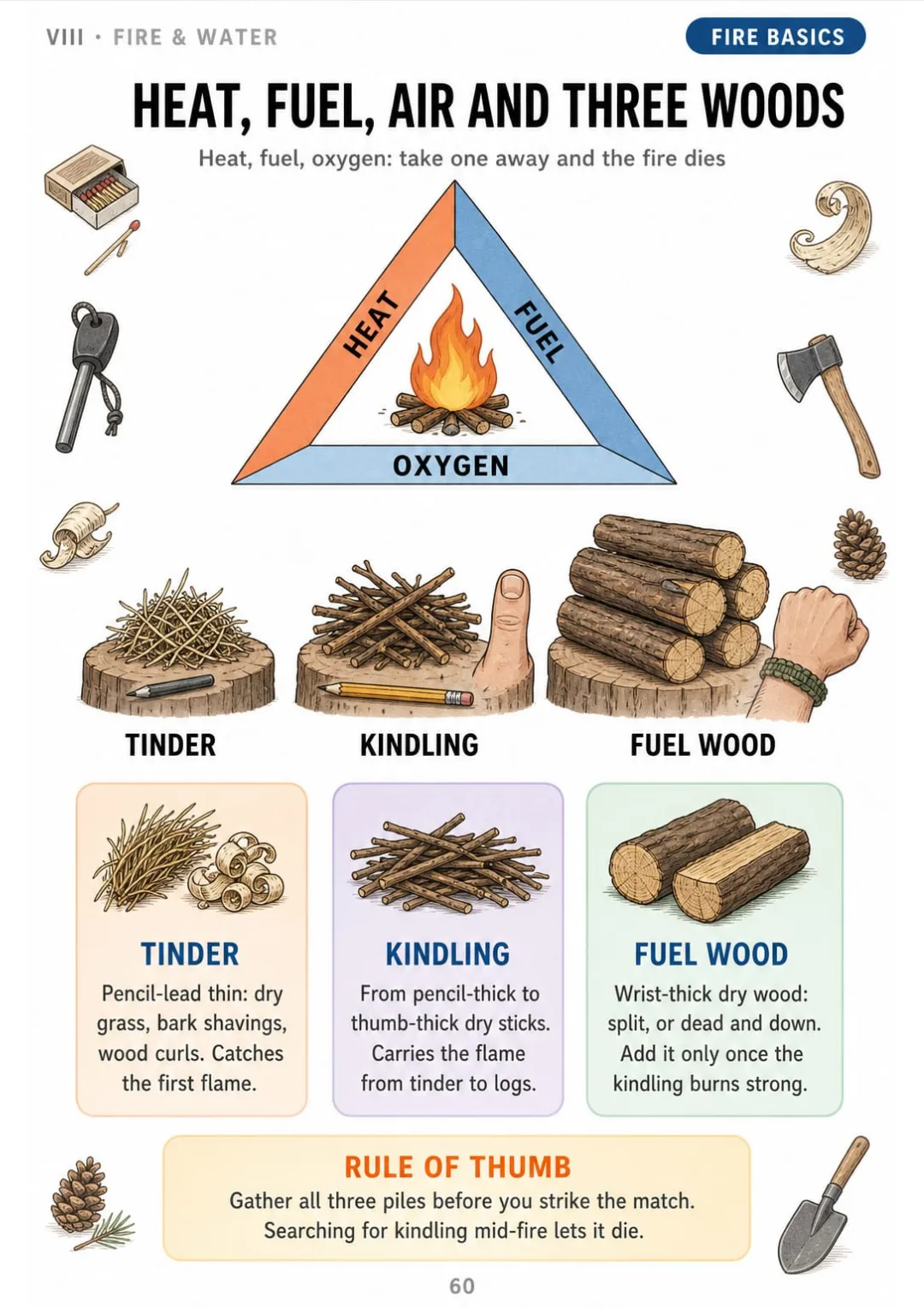 Tinder pencil-lead thin, kindling pencil to thumb, fuel wood wrist-thick: all three ready first.