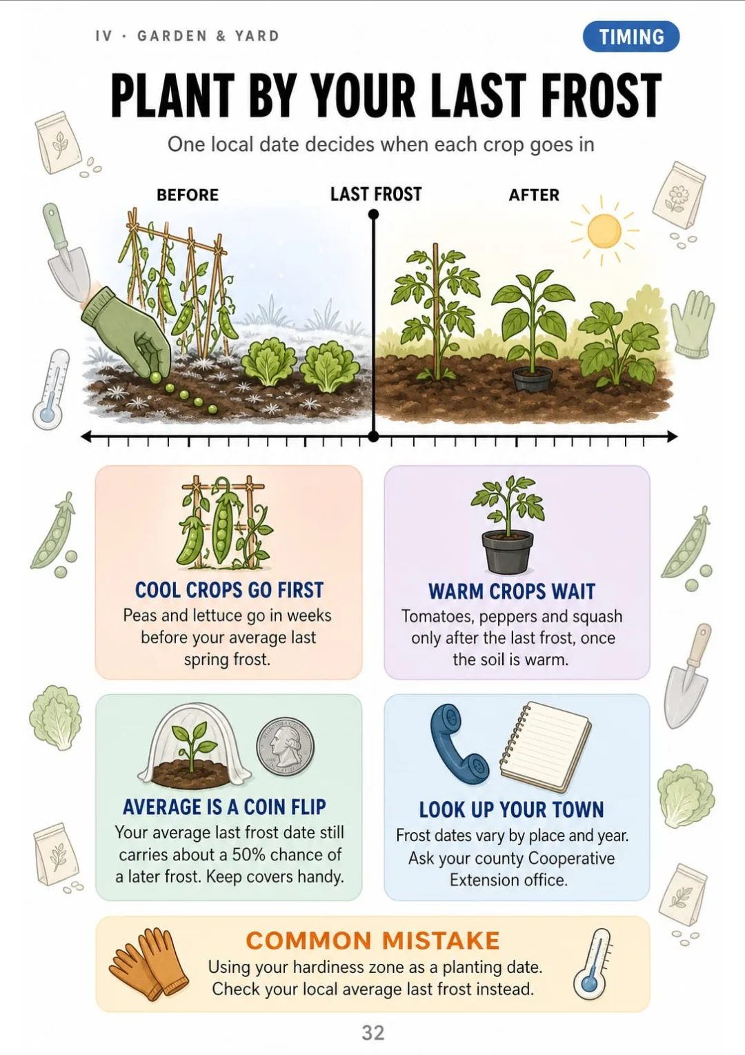 Peas and lettuce before the last frost; tomatoes, peppers and squash after it, in warm soil.
